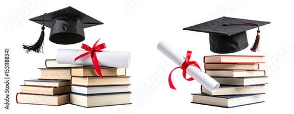 Fototapeta Graduation Cap Tossed in Air Above Stack of Books and Diploma Transparent Background PNG
