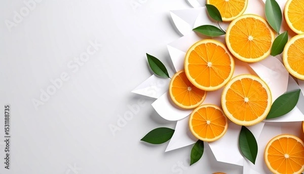 Obraz Abstract Orange Slices and Leaves on Layered White Paper Background