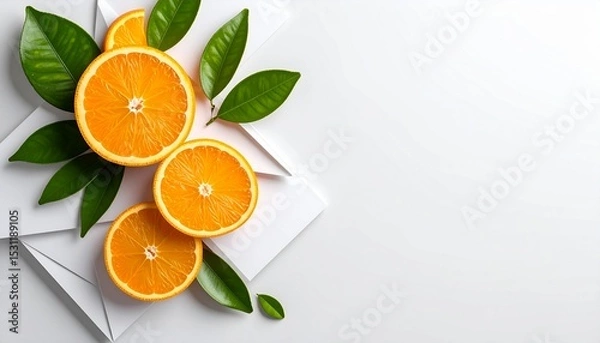 Obraz Abstract Orange Slices and Leaves on Layered White Paper Background