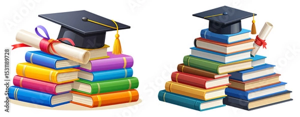 Fototapeta Graduation Concept with Books Forming Steps Leading to Cap and Diploma  Transparent Background PNG