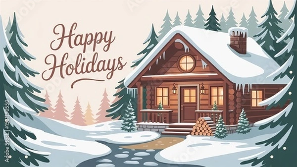 Fototapeta Happy Holidays winter greeting card with cozy snow-covered cabin in forest. Festive Christmas illustration with warm lights and pine trees