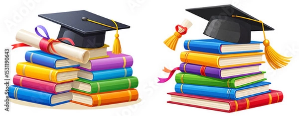 Fototapeta Graduation Hat Balanced on Stack of Colorful Books with Flying Diploma Transparent Background PNG