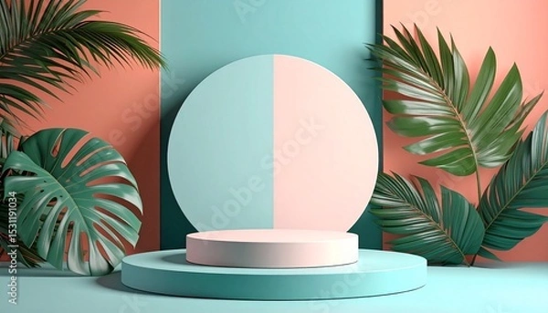 Obraz Circular Mockup with Tropical Leaves on Teal and Coral Background