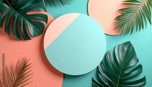 Obraz Circular Mockup with Tropical Leaves on Teal and Coral Background