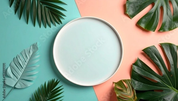 Obraz Circular Mockup with Tropical Leaves on Teal and Coral Background