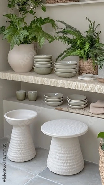 Fototapeta Artistic showcase of handcrafted ceramics with vibrant flora arrangement