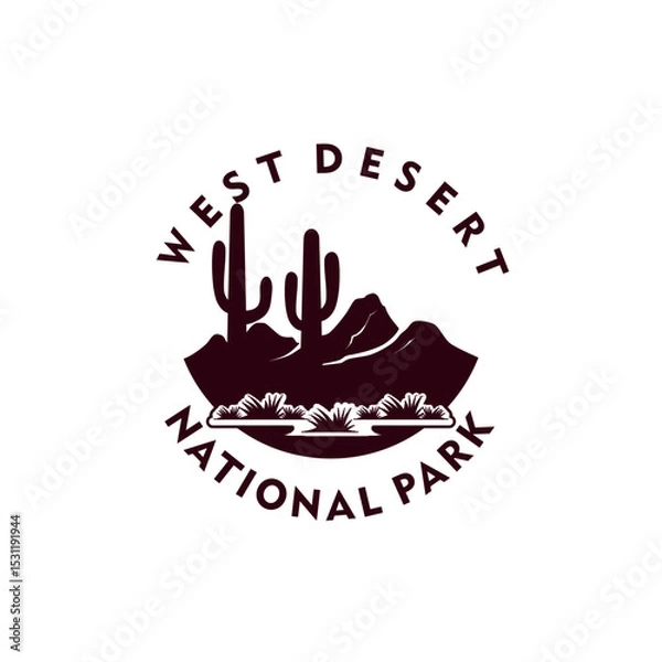 Fototapeta A flat vector illustration of a desert with cactus trees, dry grass, sandy terrain and warm earthy tones decorated with san serif text perfect for business, travel agent or national park logo