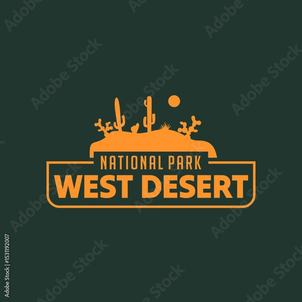 Fototapeta A flat vector illustration of a desert with cactus trees, dry grass, sandy terrain and warm earthy tones decorated with san serif text perfect for business, travel agent or national park logo