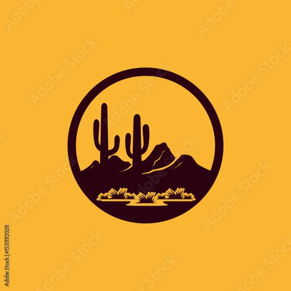 Fototapeta Vector illustration of a desert landscape in circle frame featuring iconic cactus trees, dry grass, and sandy terrain under a clear sky perfect for nature-themed designs, travel content, and education