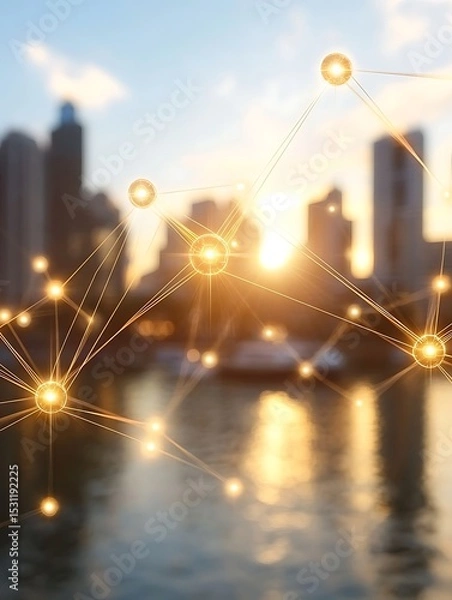 Fototapeta Modern Cityscape with Data Network Overlay at Sunset near the Water