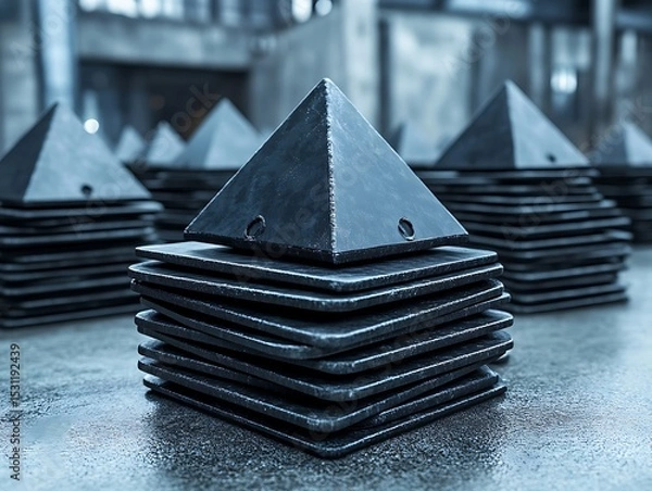 Fototapeta Monochrome pyramid and plates stacking geometric shapes organization