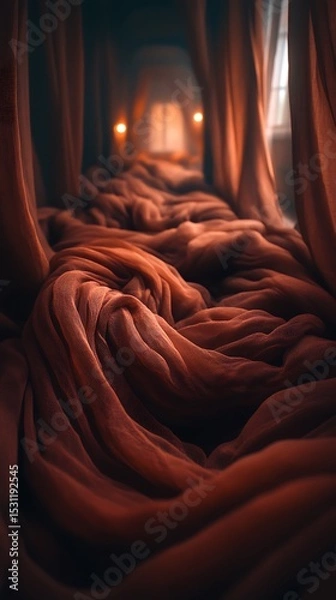 Fototapeta Mysterious passageway with dark red fabric and distant candlelight glow