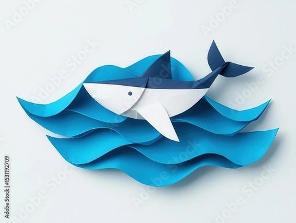 Fototapeta Origami leviathan emerging from an origami ocean, massive paper fins slicing through the waves