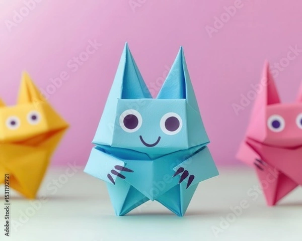 Fototapeta Cute origami gremlinlike monster with mischievous eyes and tiny clawed folded hands