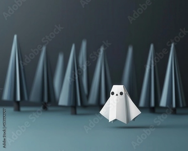 Fototapeta Cute yet spooky origami ghost monster floating in a dark, misty paper forest