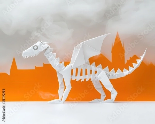 Fototapeta Origami skeletal dragon with sharp folded bones, glowing eyes, and ghostly folded wings