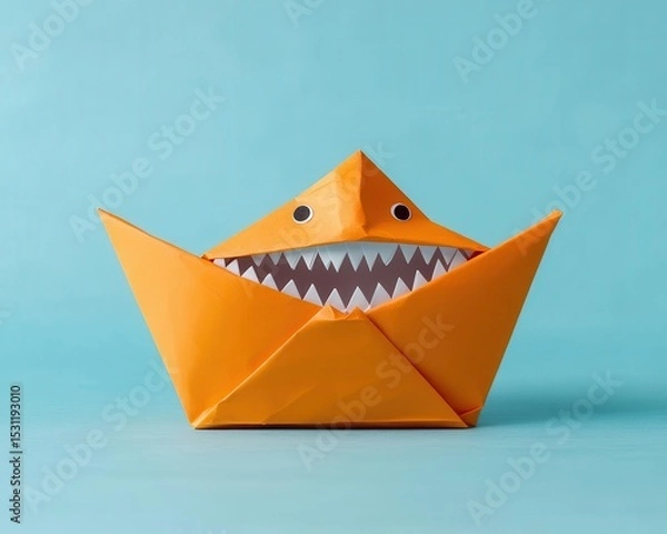 Fototapeta Origami mimic monster disguised as a folded treasure chest, with sharp teeth hidden inside