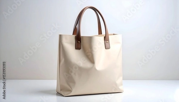 Obraz Beige Canvas Tote Bag with Leather Handles on Light Background