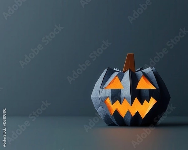 Fototapeta Origami pumpkin monster with jagged folded teeth, glowing from within like a paper lantern