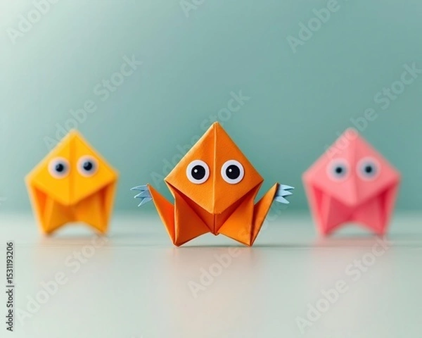 Fototapeta Cute origami gremlinlike monster with mischievous eyes and tiny clawed folded hands
