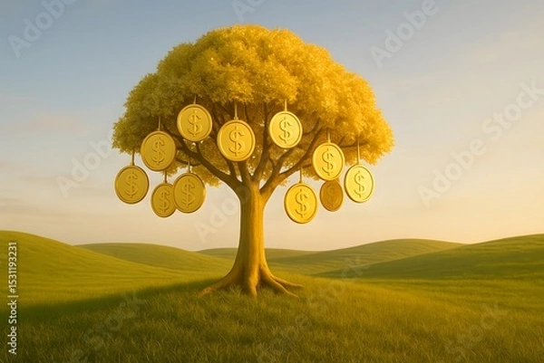 Fototapeta Golden Coin Tree Symbolizing Wealth and Prosperity in Nature