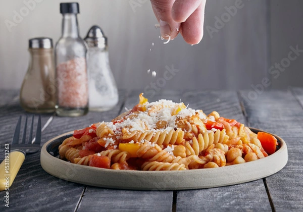 Obraz Chicken and pasta meal with cheeses being sprinkled over the top.