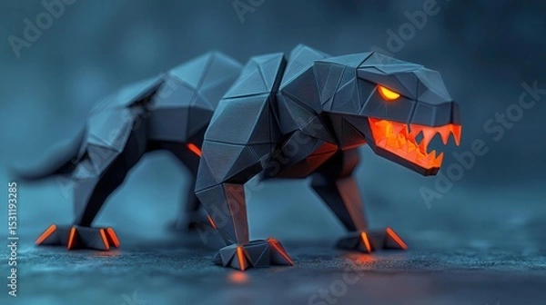 Fototapeta Origami biomechanical monster fusing organic and robotic folds, with a glowing cybernetic core