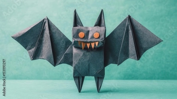 Fototapeta Origami vampire bat monster with wide folded wings, sharp paper fangs, and eerie glowing eyes