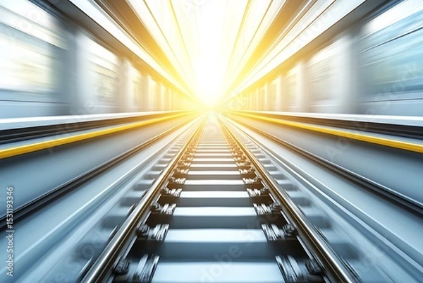 Fototapeta Perspective view of illuminated underground railway tunnel with motion blur