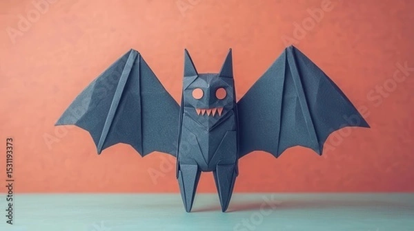 Fototapeta Origami vampire bat monster with wide folded wings, sharp paper fangs, and eerie glowing eyes