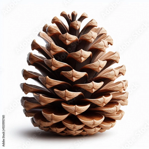 Obraz A large, detailed pine cone with a rich brown color and distinct layered scales. The background is plain and white, emphasizing the natural texture of the cone.