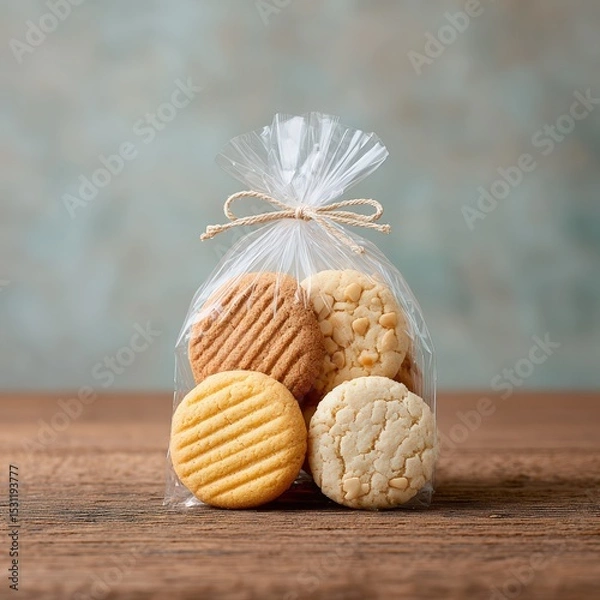 Fototapeta Assorted Cookies in Transparent Bag on Rustic Wooden Surface