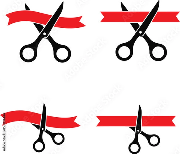 Fototapeta Ribbon Cutting Ceremony Icons – Grand Opening Scissors with Red Ribbon Vector Set