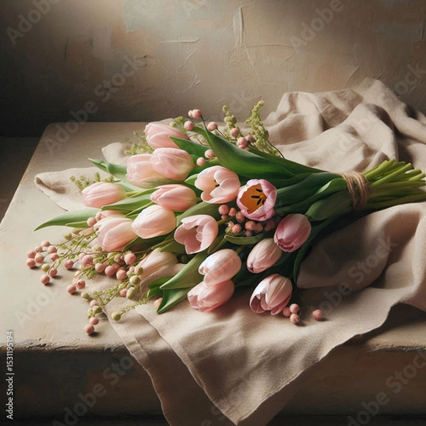 Obraz A bouquet of pink tulips arranged on a soft fabric surface. The flowers are fresh and vibrant, showcasing their delicate petals and green stems.