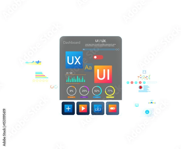 Fototapeta Holographic UI-UX, display icons of UX-UI , creative planning, data visualization. Web design, application design,coding develop.UX-UI design web png transparent.
