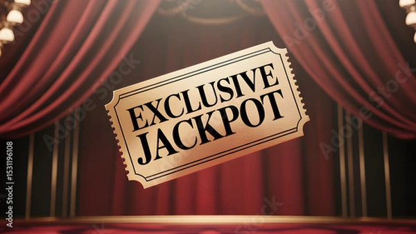 Fototapeta "EXCLUSIVE JACKPOT" text on golden ticket with red theater curtain background
