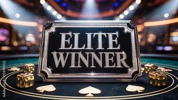 Fototapeta "ELITE WINNER" text on luxury plaque with sparkling accents and casino table setting
