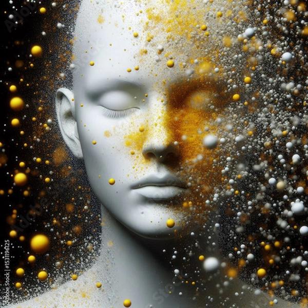 Obraz A close-up of a white mannequin head with a smooth surface. Colorful splashes of yellow, white, and orange particles surround the head, creating an abstract effect.