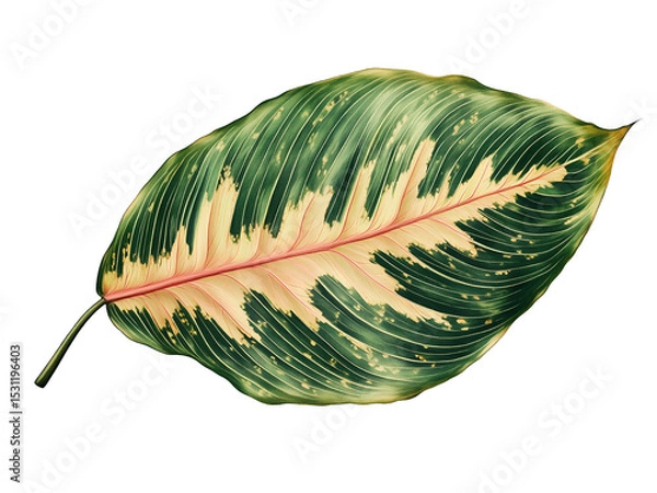 Fototapeta Single tropical calathea leaf with pink midrib and variegated green yellow texture isolated on transparent background, png