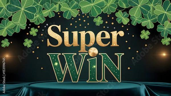 Fototapeta "Super WIN" text with golden letters and clovers on dark stage background
