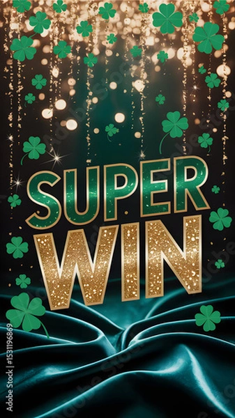 Fototapeta "SUPER WIN" text with golden sparkles and shamrocks on dark emerald silk background
