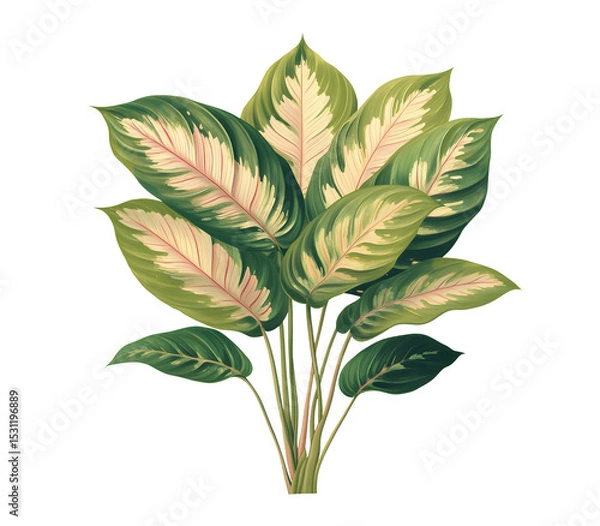 Fototapeta Bunch of lush tropical variegated leaves with green pink and cream tones isolated on transparent background, png