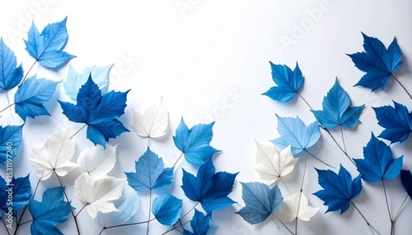 Obraz Blue and White Dried Leaves Silhouette Shadow Play on White Background