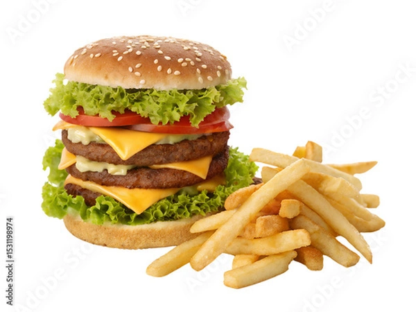 Fototapeta Hamburger with French Fries Isolated on transparent background, Isolated Png, Isolated on transparent background, Isolated Png file, Cut-out, No Background, Isolated object