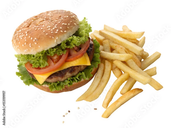 Fototapeta Hamburger with French Fries Isolated on transparent background, Isolated Png, Isolated on transparent background, Isolated Png file, Cut-out, No Background, Isolated object