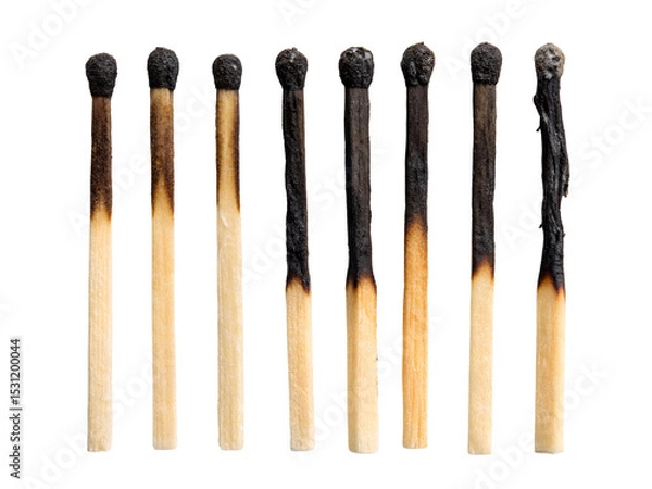 Fototapeta Close-up of Burnt Matches in a Row Isolated on transparent background, Isolated Png, Isolated on transparent background, Isolated Png file, Cut-out, No Background, Isolated object