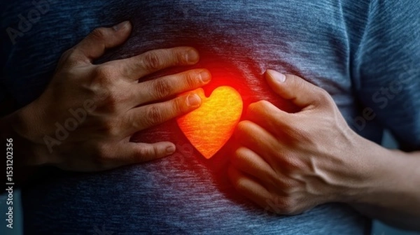 Fototapeta hand hold chest with heart attack symptoms, working hard have chest pain caused by heart disease, leak, dilatation, enlarged coronary heart, press on the chest with a painful expression