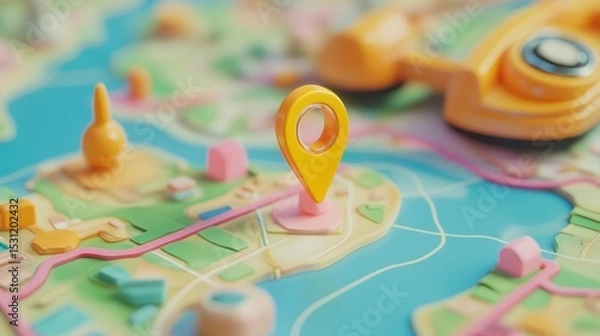 Fototapeta 3D Map travel location. Locator mark of map and location pin or navigation icon sign on background with search. 3D rendering.