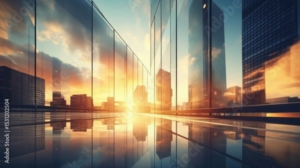 Fototapeta Modern office building or business center. High-rise window buildings made of glass reflect the clouds. empty street outside  wall modernity civilization. growing up business