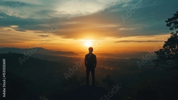 Fototapeta Silhouette of business male stand and feel happy on the most hight at the mountain on sunset, success, leader, teamwork, target, Aim, confident, achievement, goal, on plan, finish,